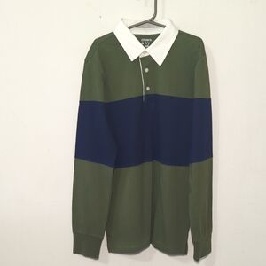 Crown & Ivy Striped Rugby Polo Shirt Green Blue White Collar NEW Boys Size M